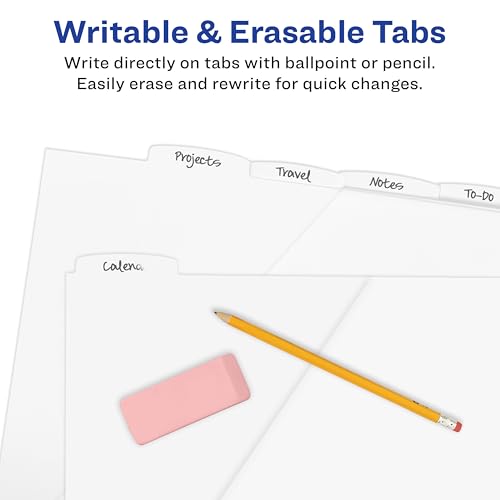 Avery Durable Plastic 5 Tab Write & Erase Dividers for 3 Ring Binders, Slash Pocket, Translucent White, Works with Sheet Protectors, 1 Set (16825)