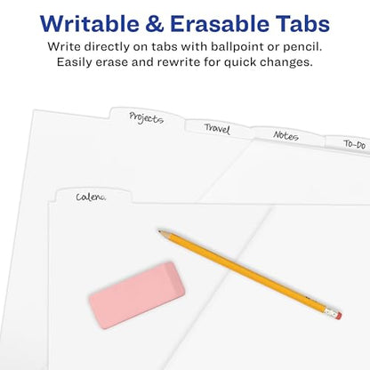 Avery Durable Plastic 5 Tab Write & Erase Dividers for 3 Ring Binders, Slash Pocket, Translucent White, Works with Sheet Protectors, 1 Set (16825)