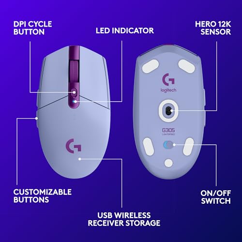 Logitech G305 Lightspeed Wireless Gaming Mouse, Hero Sensor, 12,000 DPI, Lightweight, 6 Programmable Buttons, 250h Battery, On-Board Memory, Compatible with PC, Mac - Lilac - color: Lilac, style: Classic