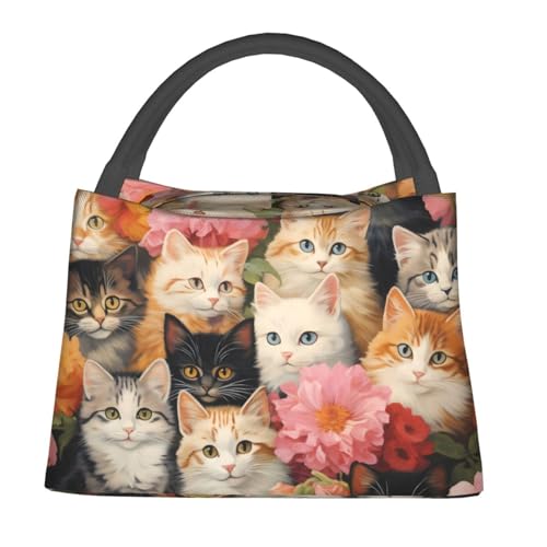 Cute Cat Insulated Lunch Box for Women Floral Lovers, Pet Kitten with Colorful Flower Tote Lunchbags, Reusable Cooler Lunchbox & Makeup Bag Gifts for Work, School, Picnic, Office - color: Cat