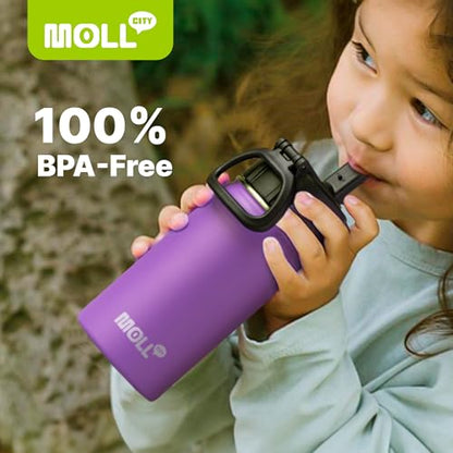 Kids Insulated Water Bottle with Straw-18 oz Stainless Steel Double Wall Vacuum Wide Mouth Water Bottle for School-Metal Travel Water Flask with Silicone Boot (Purple) - color: Purple, size: 18 Ounces