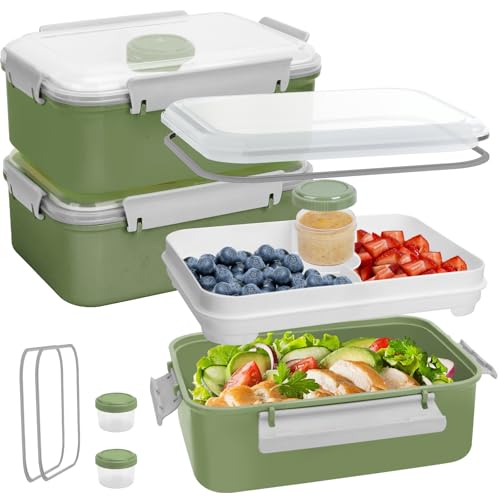 Shopwithgreen Set of 3 Salad Food Storage Container To Go, School & Travel,Food Prep Storage Containers with Lids (Khaki Green&Khaki Green&Khaki Green) | Food Storage Meal Prep Containers with Tray/Dressing Containers for Salad, Snacks,Fruit, BPA Free, Mi