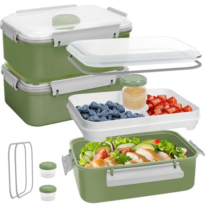 Shopwithgreen Set of 3 Salad Food Storage Container To Go, School & Travel,Food Prep Storage Containers with Lids (Khaki Green&Khaki Green&Khaki Green) | Food Storage Meal Prep Containers with Tray/Dressing Containers for Salad, Snacks,Fruit, BPA Free, Mi