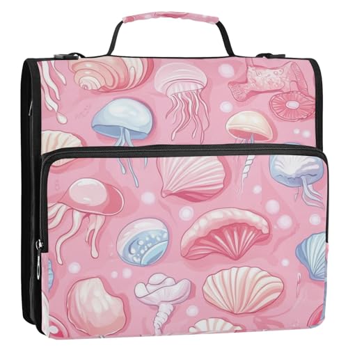Pink Shells and Jellyfish Zipper Binder 3 Ring 1.5 Inch School Binder Organizer with Shoulder Strap Handle File Folder Pockets Large Capacity Students Girl Boy Men Office Work - color: Pink Shells and Jellyfish