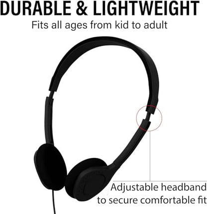 Maeline Bulk Classroom Student Headphones On Ear Stereo Headphones Flexible Adjustable Band for Kids Online Learning, Library, School, Airplane, Travel - 3.5mm Plug - 40 Pack - Black - color: Black, size: 40 Pack