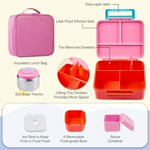 Bento Lunch Box for Kids with Thermo, Leakproof Bento Box with 8oz Insulated Food Jar, Lunch Bag, BPA Free Dishwasher Safe 4 Compartment Container for School Girls Boys (Pink) - color: Pink1