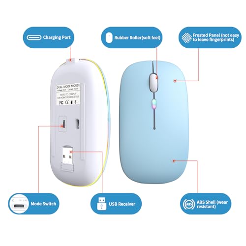 Wireless Bluetooth Mouse, Rechargeable, LED, Silent, Ultra-thin Design (Bluetooth 5.2 and 2.4GHz USB Receiver) | Portable Computer Mouse for Laptops, iPads, MacBooks and Apple Devices (blue) - color: blue