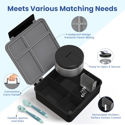 LOHASOK Bento Lunch Box Kids with 8oz Soup Thermo, Leak-Proof Lunch Containers with 4 Compartment, Thermo Hot Food Jar and Insulated Lunch Box for School Black - color: Black