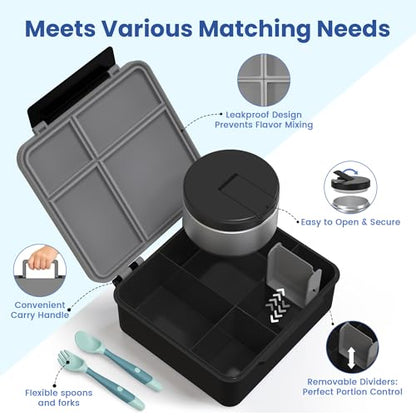 LOHASOK Bento Lunch Box Kids with 8oz Soup Thermo, Leak-Proof Lunch Containers with 4 Compartment, Thermo Hot Food Jar and Insulated Lunch Box for School Black - color: Black