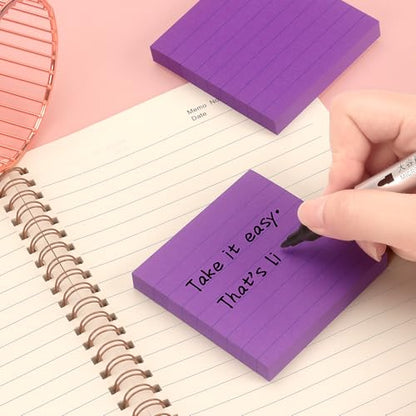 Lined Sticky Notes 3x3 in, Self-Adhesive, 4 Pads, 90 Sheets Each(Purple) | Strong Self-Adhesive Backing, Sticks Firmly and Removes Cleanly - color: Purple