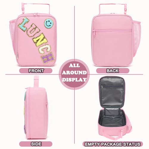 FlowFly Lunch box Insulated Soft Bag Mini Cooler Back to School Thermal Meal Tote Kit With Buckle and Mesh Side Pocket for Girls, Boys, PinkWithLetter - color: PinkWithLetter
