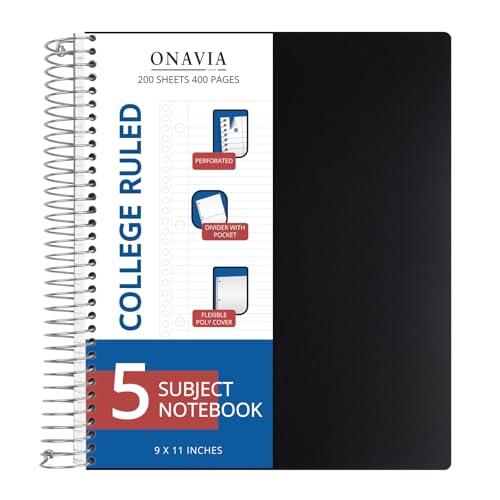 ONAVIA 5 Subject Spiral Notebook College Ruled, 400 Pages, Black | 200 Sheets, 9 x 11 in, 6 Pack Waterproof Plastic Cover, Durable, School Notebooks, Classroom, Teachers - color: Black
