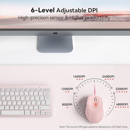 TECKNET Wireless Mouse, 2.4G USB Computer Mouse with 6-Level Adjustable 4800 DPI, 30 Months Battery, Ergonomic Grips, 6 Buttons Portable for PC, Chromebook, Mac - Pink - color: Pink