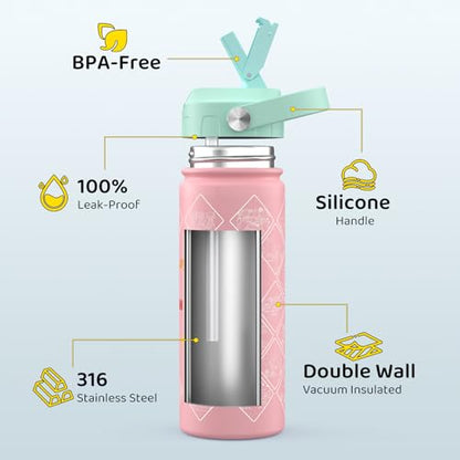 GoKEDA Kids Water Bottle with Stickers, 18oz Vacuum Double Insulated Cup with Straw, 316 Stainless Steel Bottles for School, Gift for Girls(Green) - color: Green