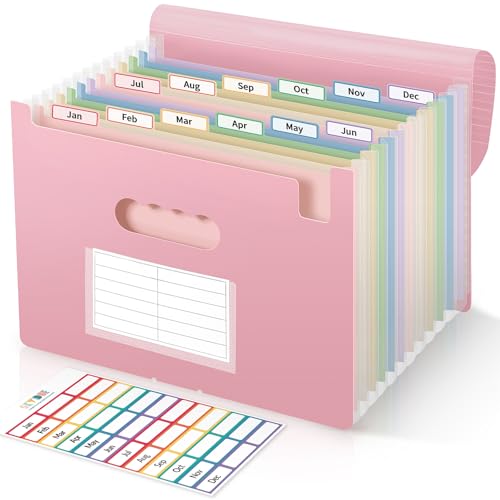 SKYDUE 13-Pocket Expanding File Folder, Accordion Document Organizer with Monthly Labels, A4 & Letter Size for Tax Records, Medical Files, Receipts, Home Office Use Pink - color: Pink