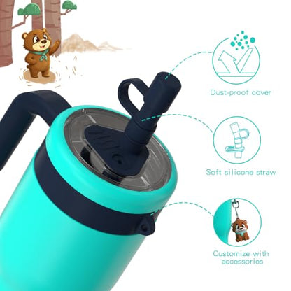 OISIZ 14oz Kids Tumbler with Straw Lid & Handle,Kids Cup with Animal Accessory for School,Kids Water Bottles with Dust-proof Cover,Leakproof Bottles,316 Stainless Steel,Keep Cold 24 Hours-dark green - color: grassland green