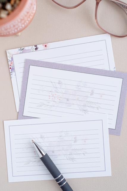 Floral Index Cards by Pure Print and Design | Floral Flash Cards Perfect For Study Sessions & Learning | 100 Cards of Premium Quality with 5 Different Designs | White, Purple and Gray | 3x5 inches - color: White, Purple and Gray