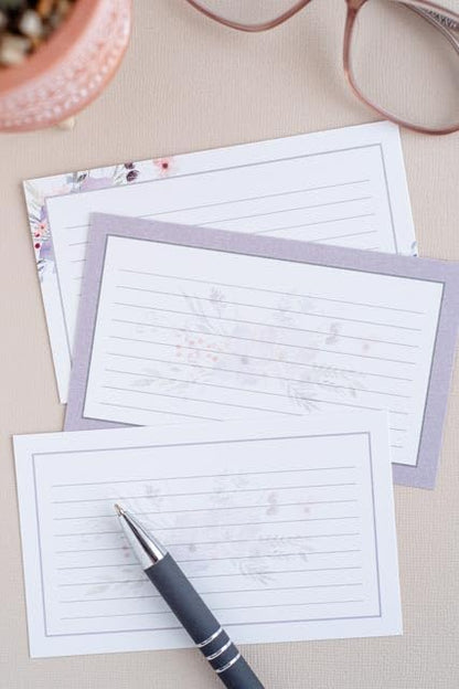 Floral Index Cards by Pure Print and Design | Floral Flash Cards Perfect For Study Sessions & Learning | 100 Cards of Premium Quality with 5 Different Designs | White, Purple and Gray | 3x5 inches - color: White, Purple and Gray