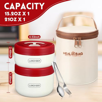 Dandat 2 Pcs Portable Insulated Lunch Containers Thermal Bento Box with Bag Fork Knife Stainless Steel Lunch Box 15.2 oz 21 oz Separate Stackable Food Jar for Adult Men Women(Red) - color: Red