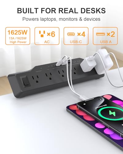 Desk Clamp Power Strip Surge Protector, 6 Outlets, Flat Plug, 1800J, 4 USB-C Ports (Any Port 35W), for Home & Office, Flame-Retardant PC-ABS Housing, Fits 1.96" Desk Edge, Black