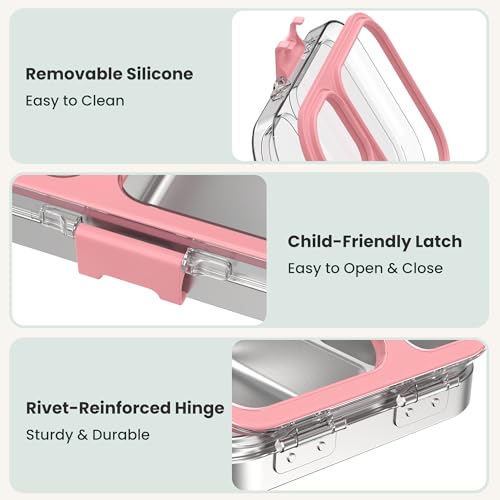 LOHASOK Kids Stainless Steel Lunch Bento Box BPA-Free Leak-Proof Tritan Lid 304 Metal Food Container with 3 Compartments for Girls Boys School,Pink - color: Pink, size: 27oz/800ml