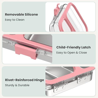 LOHASOK Kids Stainless Steel Lunch Bento Box BPA-Free Leak-Proof Tritan Lid 304 Metal Food Container with 3 Compartments for Girls Boys School,Pink - color: Pink, size: 27oz/800ml