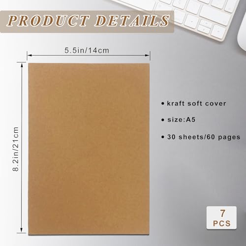 Homjoy 7 Pack Kraft Paper Notebook Journals A5 Journal Softcover Ruled Lined Journals Notebooks Bulk for Kids Student Writing Sketch Travel Journal Office