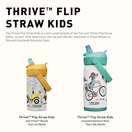 CamelBak Thrive Flip Straw Kids Bite Valve Stainless Steel Water Bottle Camp Badges, 12oz - color: Camp Badges