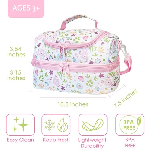 Insulated Kids Double Decker Lunch Bag Tote Pack for Girls Boys Toddler Kindergarten School Picnic Food Cooler Hot Water Ice with Strap Floral - color: Cute Flowers