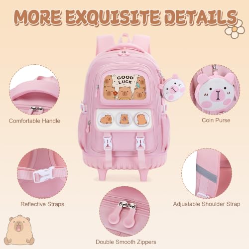 Capybara Rolling Backpack for Girls - 3PCS Girls Backpack Kids Suitcase with Lunch Box & Pencil Case Travel - Capybara Backpack with Wheels for Kindergarten Preschool Elementary (Pink) - color: Pink