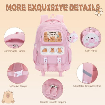 Capybara Rolling Backpack for Girls - 3PCS Girls Backpack Kids Suitcase with Lunch Box & Pencil Case Travel - Capybara Backpack with Wheels for Kindergarten Preschool Elementary (Pink) - color: Pink