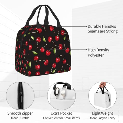 Black Sweet Cherry Lunch Box Insulated Meal Bag Lunch Bag Reusable Snack Bag Food Container For Boys Girls Men Women School Work Travel Picnic - color: black sweet cherry