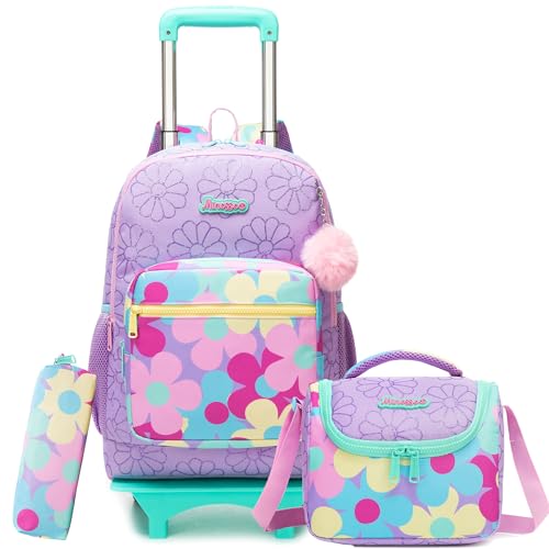 Rolling Backpack for School Girls Rolling Backpack for Kids Trolley School Bag with Wheels for Travel Trolley Bookbag for Girls with Lunch Bag Back to School Supplies Kit - color: Purple Flowers
