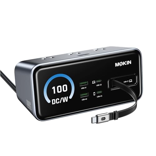 MOKiN 8-in-1 Charging Station, 3 USB-C,2 USB-A,3 AC, GaN Desktop Charger Station with Retractable Cable, 1500J Surge Protector Power Strip for iPhone 17/16,MacBook Pro, Laptop,Gaming Desk Accessories