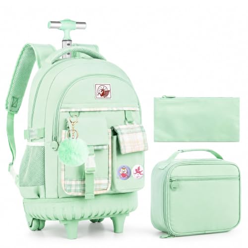 AGSDON Rolling Backpack for Girls, 21" Women Roller Wheels Bookbag, Laptop Wheeled Suitcase School Backpacks with Lunch Bag for Teens - color: Square Green