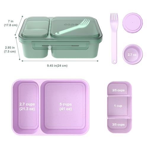 Caperci 2 Pack Salad Containers - Extra-Large 62 oz Bento Lunch Box for Adults, 2-Compartment Meal Prep Container with Removable Toppings Tray, Sauce Cup, Reusable Fork, BPA-Free (Purple & Green) - color: Khaki Green & Purple