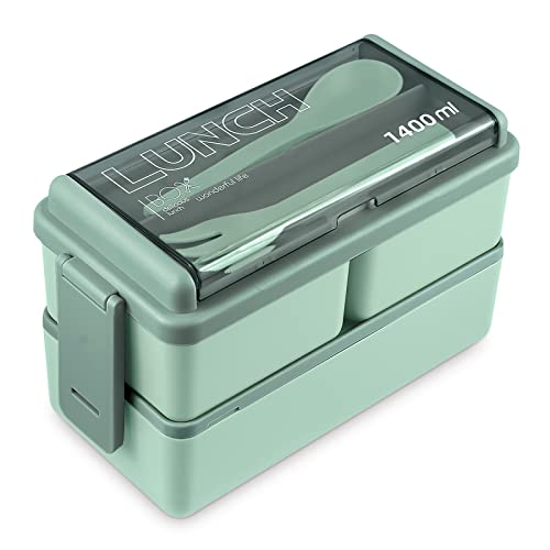 Bento Box Adult Lunch Box, All-in-One Lunch Containers with Removable Compartments, 2 Layers Stackable Bento Lunch Box Leak Proof, Microwave Safe