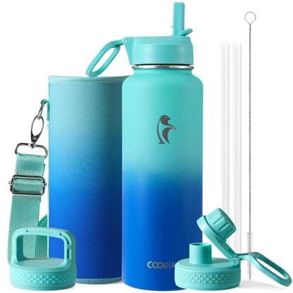Coolflask 40 oz Water Bottle Insulated with Straw & 3 Leakproof Lids | Water Flask Stainless Steel Triple-Wall Vacuum,Cold 48+h,Dishwasher Safe,Wide Mouth, BPA-Free,Carrier Bag,for Gym,Hiking - color: Pacific Prince, size: 40 Ounces
