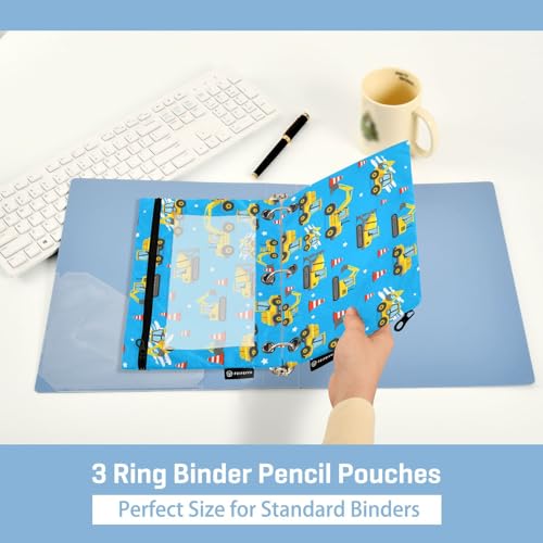 Binder Pouches 3 Ring for Boys Girls Cute Car Excavator Blue Zipper Pencil Pouches Case Bag with Clear Window School College Office Supplies 2 Pack - color: Car