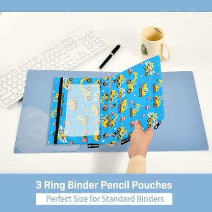 Binder Pouches 3 Ring for Boys Girls Cute Car Excavator Blue Zipper Pencil Pouches Case Bag with Clear Window School College Office Supplies 2 Pack - color: Car