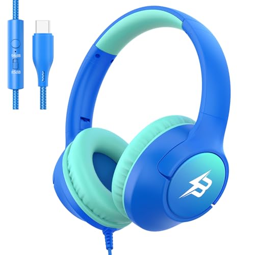 Kids Headphones Wired with USB C Plug, 85/94dB Volume Limit USB Type C Headphones for Kids Boys Girls, Plug in Headphones Over Ear Wired Headphones for School/Tablet/Travel, Gradient Blue Green - color: Gradient Blue