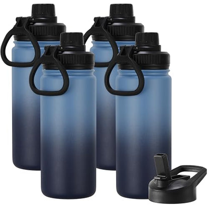 DOMICARE 16 oz Water Bottle Stainless Steel Double Wall Vacuum Insulated Water Bottle with Straw lids & Spout Lid, Leakproof - color: Blue/Navy, size: 16oz/4 Pack
