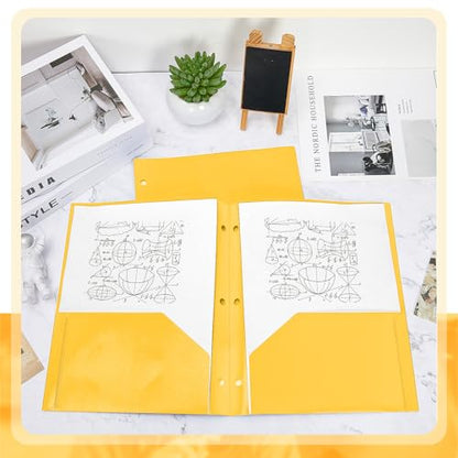 Yeaqee 72 Pcs Plastic Folders with Pockets Bulk 3 Hole Punched 2 Pocket File Folders for 3 Ring Binder Divider Folder for Notebooks, Durable Poly for Office Home (Yellow) - color: Yellow