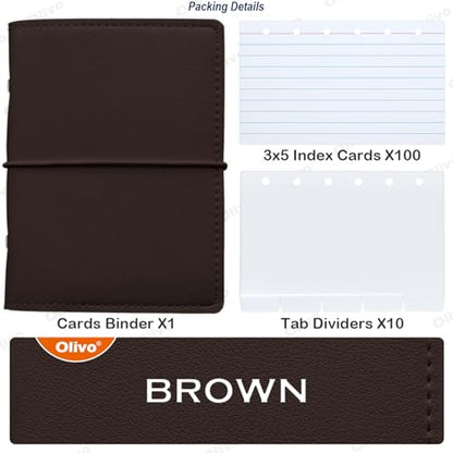 3x5 Lined Index Cards with Ring Binder Holder and Dividers, 100 Note Cards, Brown - color: Brown