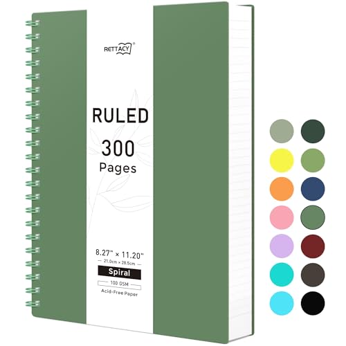 RETTACY Spiral College Ruled Notebook, 300 Pages, A4 Large Size (8.2" x 11.2"), for School, Work, Writing, Journaling, 100 GSM Thick Paper, Flexible Plastic Cover (Dark Green) - color: Dark Green, size: 8.2" x 11.2"