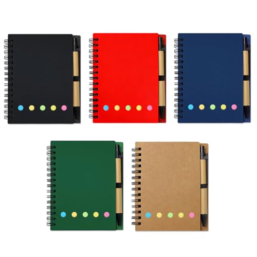 5 Pack Spiral Notebooks with Pen Set, 60 Sheets/120 Pages Lined Small Pocket Notebook and Pen Set Bulk Journals with Sticky Notes for Business Office School, 5 Colors (5)