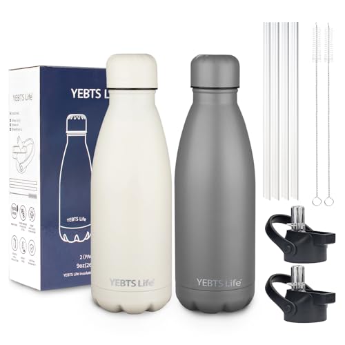 Insulated Water Bottle, 2 Pack-9oz Stainless Steel Water Bottles with straw lid, Metal Sports Water Bottles for Boys,Girls, Double Wall Vacuum BPA-Free Flask for Sports (Grey&Cream white) - color: Grey-Cream white, size: 9 Ounces
