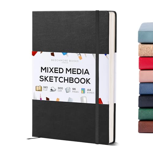 Beechmore Books Heavyweight Mixed Media Sketchbook - A4 8.5"x11" 300 GSM 48 Pages, Hardcover Lay-Flat Professional Journal for Painting, Acrylics and Wet Media - color: Charcoal Black, size: A4 - 8.5" x 11.5" Large