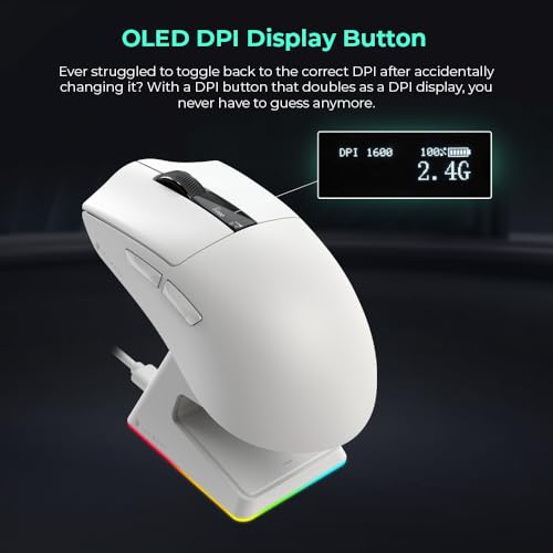 TECWARE EX1 Lightweight Gaming Mouse | 26K DPI Wireless Mouse with OLED Display | 59g Ultra-Light Design | RGB Charging Dock | Tri-Mode Connectivity 2.4GHz/Bluetooth/Wired with Grip Tape | White - color: White
