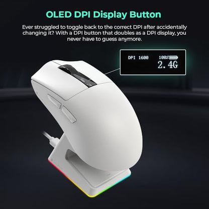 TECWARE EX1 Lightweight Gaming Mouse | 26K DPI Wireless Mouse with OLED Display | 59g Ultra-Light Design | RGB Charging Dock | Tri-Mode Connectivity 2.4GHz/Bluetooth/Wired with Grip Tape | White - color: White